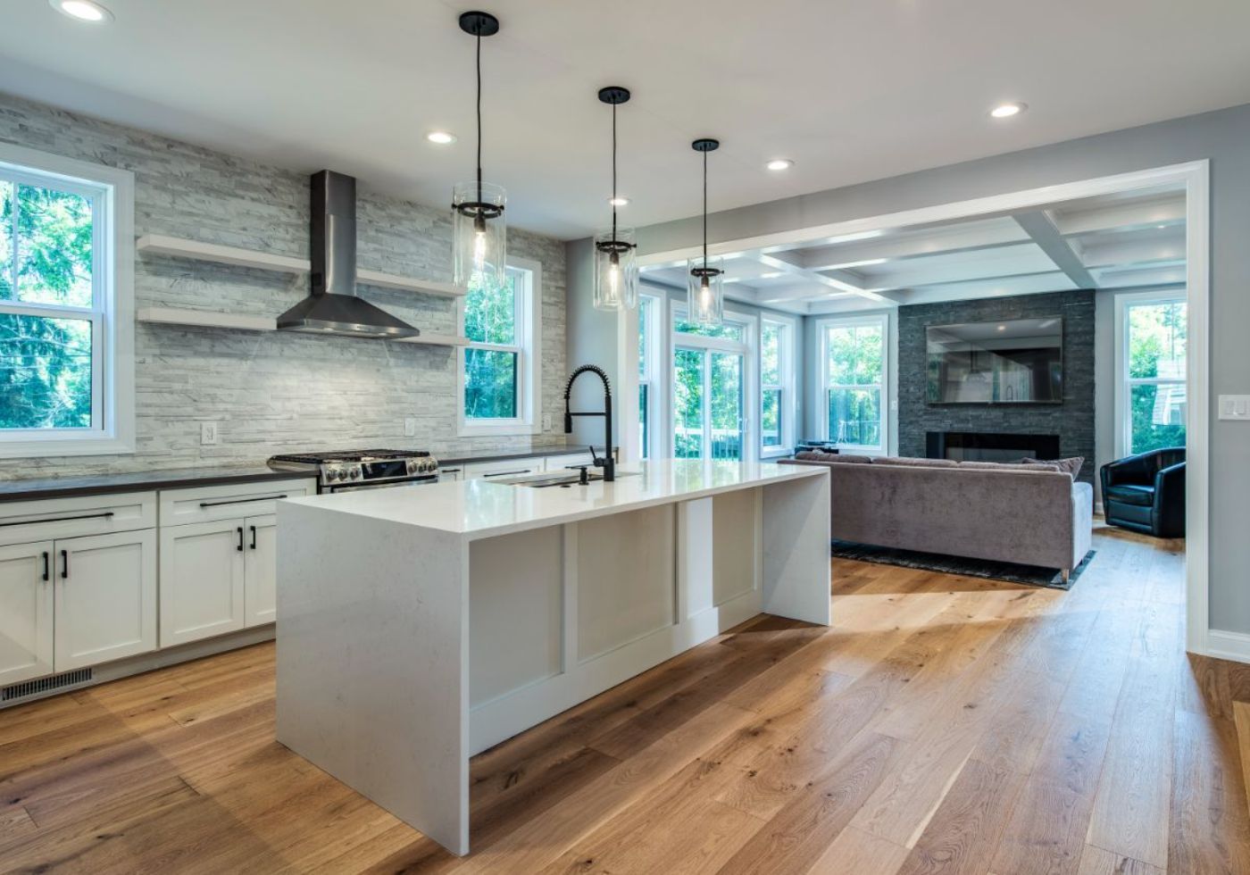 beautiful, airy kitchen with a custom seating area